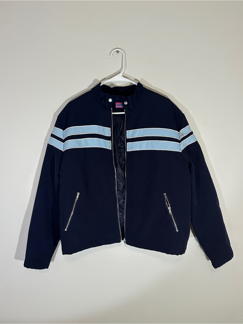 Edikted Joey Oversized Navy Bomber Jacket with Light Blue Stripes